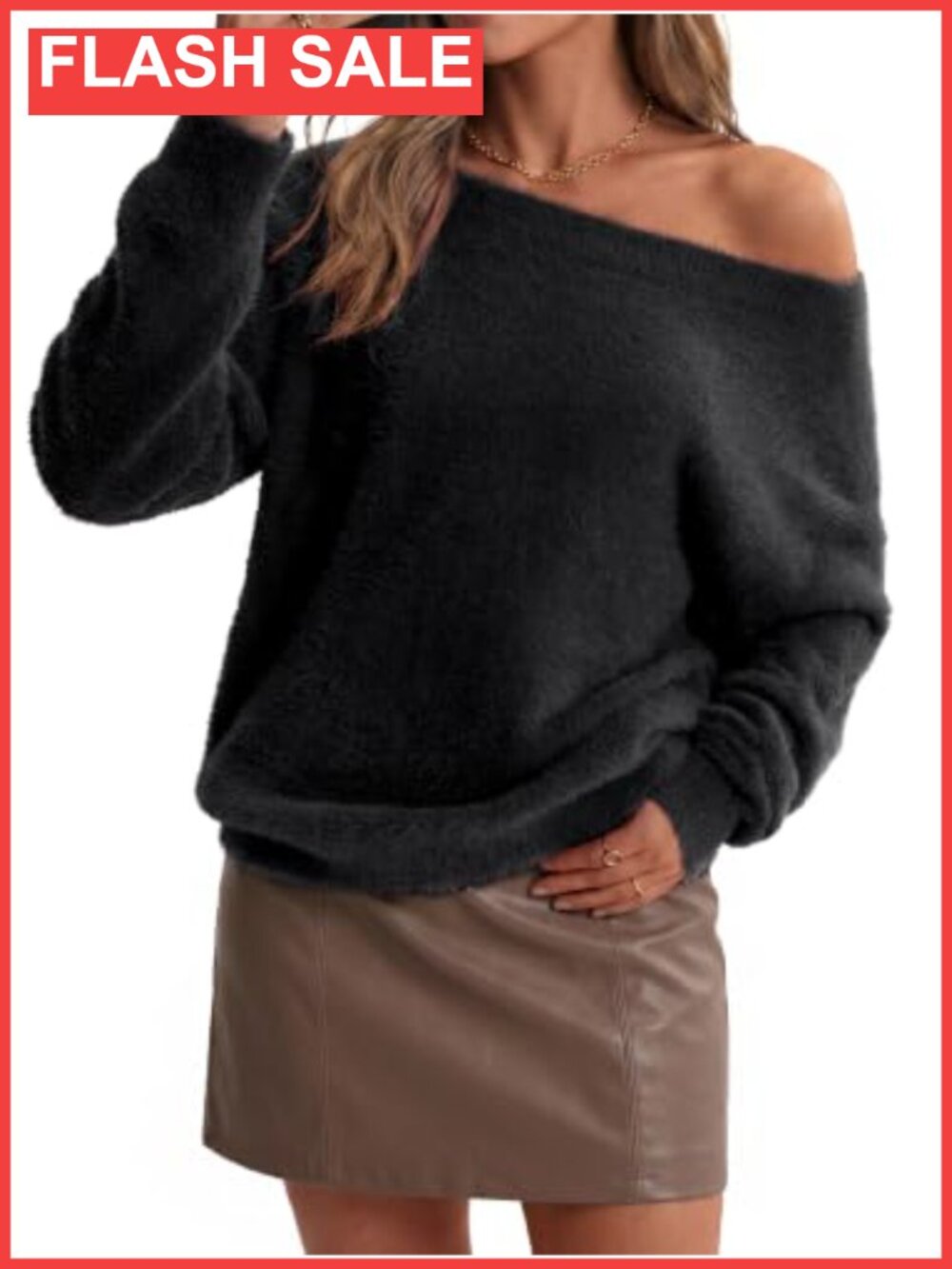 Faux Fur Off Shoulder Long Sleeve Fuzzy Pullover Sweater